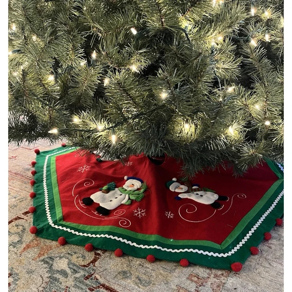 Vintage Felt Christmas Tree Skirt Table‎ Cover 3D Snowman Pom Embroider Applique